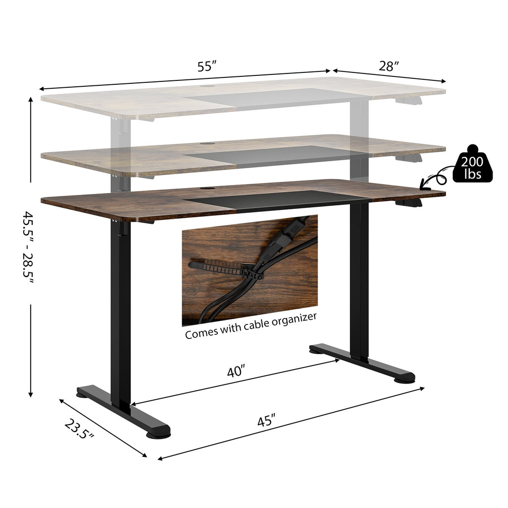 Diagram of a desk with dimensions and features, shows 55 inch top, 28 inch depth, 45 to 28.5 inch height range, 200 lb weight capacity, and cable organizer